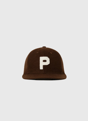 The EFF Paris Red Peppers 1946 Authentic Wool Ballcap features a brown design with a white, uppercase P on the front, crafted from genuine wool broadcloth and shown on a plain light gray background.