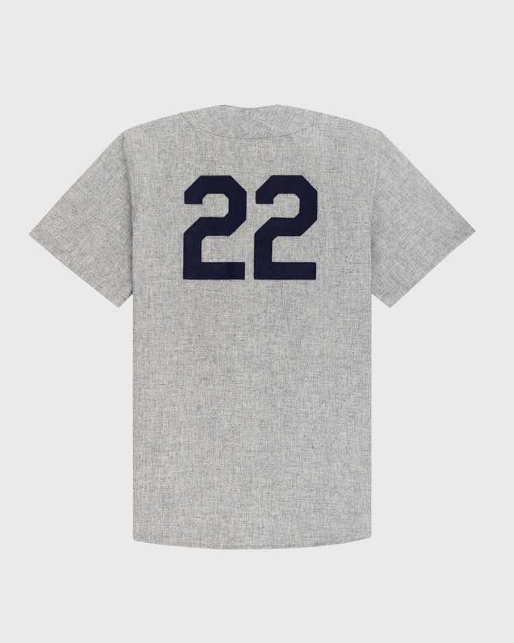The Ebbets Field Penn State University 1955 Authentic Wool Road Baseball Jersey features gray short sleeves and a bold dark blue number 22 on the back, inspired by the classic Nittany Lions uniform.