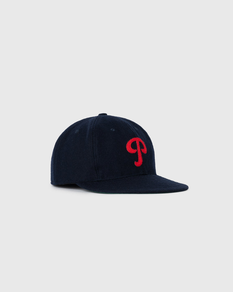 The NEW Philadelphia Stars 1940 Vintage Ballcap by Ebbets Field is a navy blue cap featuring a curved brim and a red letter P on the front, displayed against a plain light gray background.