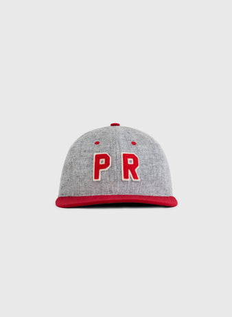 The EFF Puerto Rico All-Star Team 1939 Authentic Wool Ballcap is a gray cap with red accents and bold red-and-white “PR” letters on the front, inspired by the original team’s classic design, shown on a plain light background.