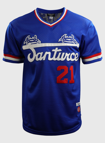 The EFF Roberto Clemente Santurce Cangrejeros Vintage Inspired NL Replica V-Neck Mesh Jersey in royal features white/red trim, Santurce script, two crab graphics, and #21—honoring the legend.