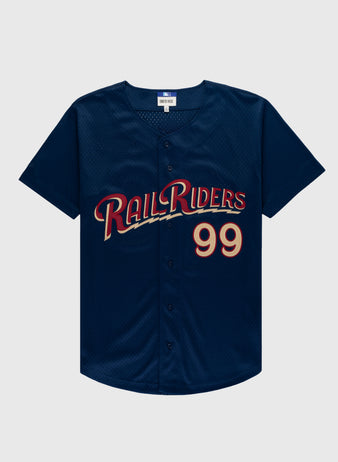 The Ebbets Field AARON JUDGE BUTTON UP MESH JERSEY in navy features “RailRiders” in red and gold script across the chest, gold number 99 with red outline on the lower right, and black front buttons.