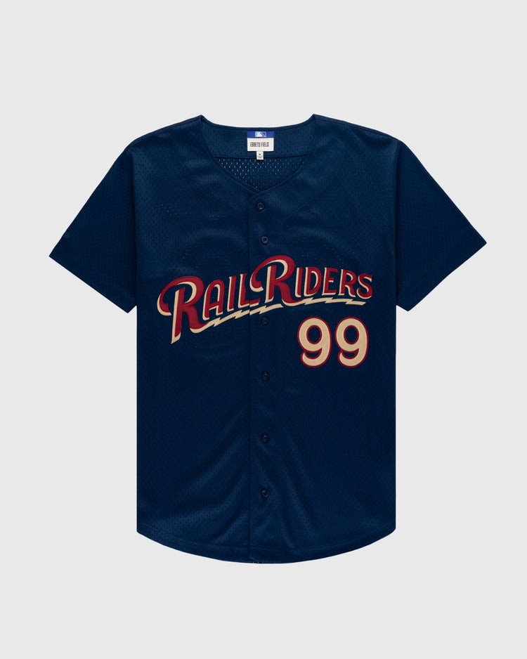 The Ebbets Field AARON JUDGE BUTTON UP MESH JERSEY in navy features “RailRiders” in red and gold script across the chest, gold number 99 with red outline on the lower right, and black front buttons.