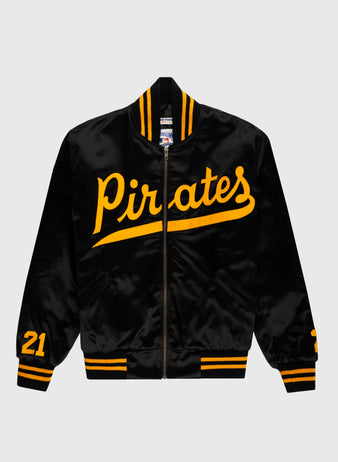 The EFF Roberto Clemente 1970 Authentic All Satin Varsity Jacket features black satin, yellow “Pirates” script, yellow striped trim, and the number 21 on each sleeve—paying tribute to the iconic Pirates jacket.