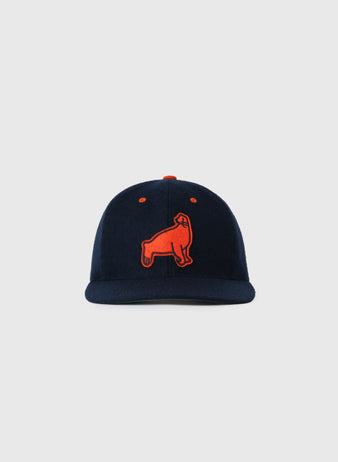 The EFF San Francisco Seals 1940 Authentic Wool Ballcap features a navy base with an orange embroidered upright gorilla on the front, inspired by Pacific Coast League history, shown on a light gray background.