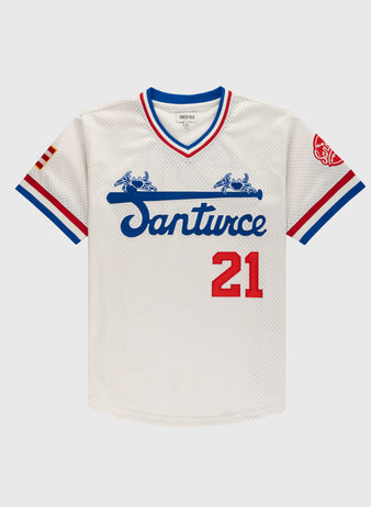 The Ebbets Field Santurce Cangrejeros Mesh V-Neck Jersey features blue script, red number 21, blue/red sleeve trim, flag and red logo patches—honoring Roberto Clemente and Puerto Rican baseball heritage.