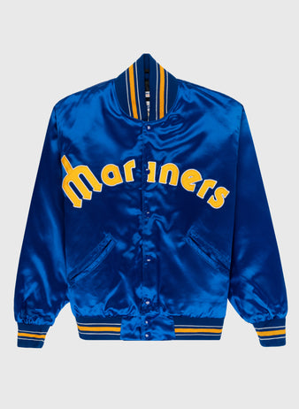 The EFF Seattle Mariners 1982 Authentic All Satin Varsity Jacket features bright royal blue satin, yellow Mariners text, striped blue/yellow ribbed trim, and snap button closure—a true 1982 Seattle Mariners classic reproduction.