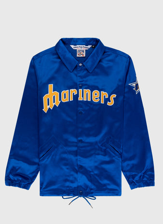 EFF Seattle Mariners 1982 Satin Windbreaker Jacket in bright blue, features Mariners in yellow and white on the front, side pockets, elastic cuffs, drawstring hem, and a blue and white left sleeve patch—authentic MLB vintage style.