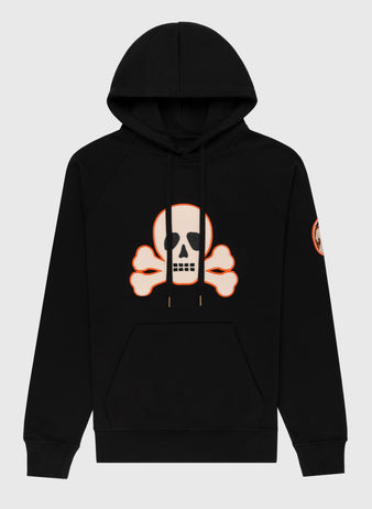 The EFF Sioux City Ghosts French Terry Felt Pullover Hoodie features a white skull-and-crossbones graphic with orange outlines on the front and a circular patch on the left sleeve, inspired by the legendary barnstorming team.