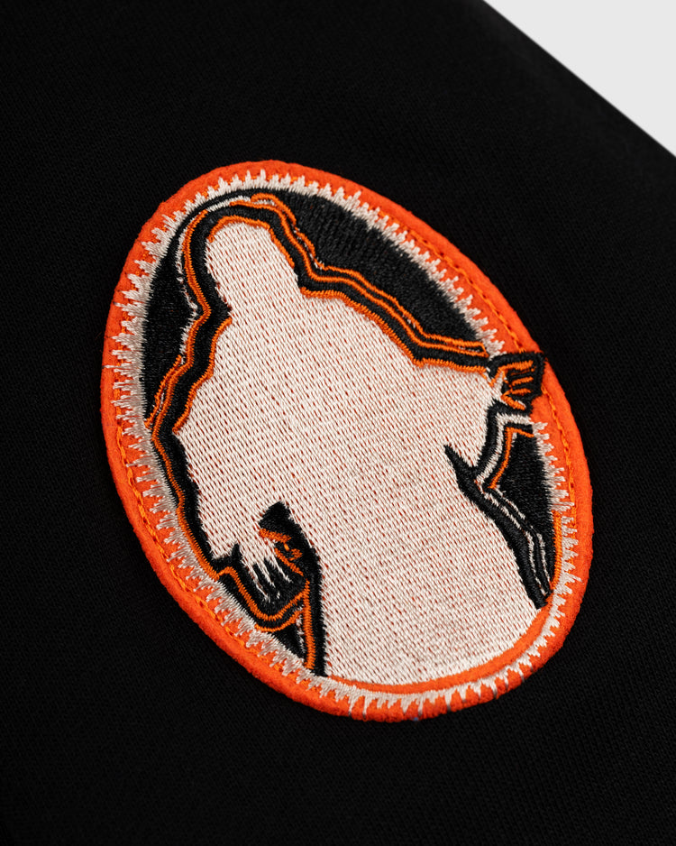 The EFF Sioux City Ghosts French Terry Felt Pullover Hoodie features an orange, black, and white patch of a silhouetted figure holding an object—ideal for fans of classic barnstorming teams.