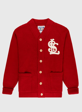 The EFF St. Louis Cardinals 1908 Wool Shawl Collar Sweater is a red cardigan featuring tan buttons, two front pockets, and a large white SLC chest patch—a faithful reproduction of the classic 1908 Cardinals sweater.