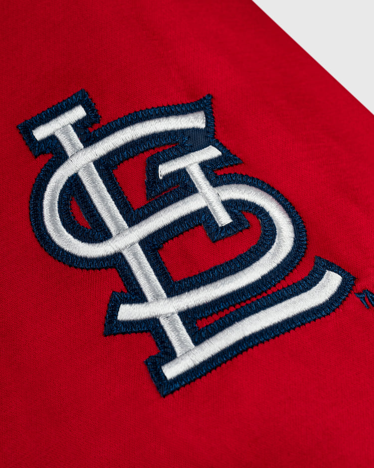 Close-up of the EFF St. Louis Cardinals 1970 Satin Windbreaker Jacket featuring an embroidered interlocking white STL logo outlined in navy on red—classic vintage MLB outerwear for fans and collectors.
