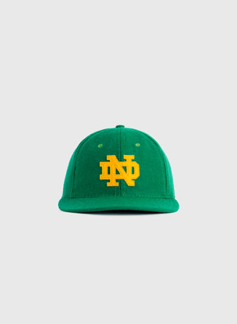 The EFF University of Notre Dame ND Authentic Wool Ballcap features a green wool design with a yellow “ND” logo embroidered on the front, shown against a plain light gray background.