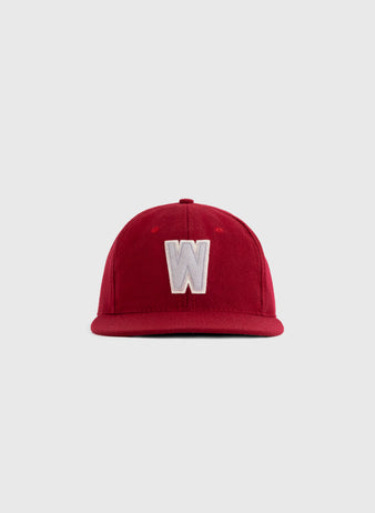 The EFF Washington State University 1956 Authentic Wool Ballcap features a large white W on red wool, echoing the classic WSU baseball hat, and is shown against a plain light gray background.