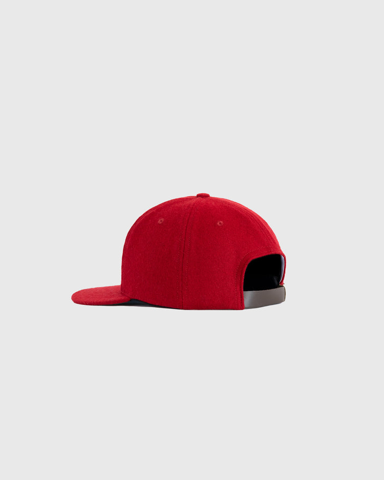 The EFF Red Wool Ballcap is shown from the back with an adjustable strap and curved brim, set against a plain light gray background.
