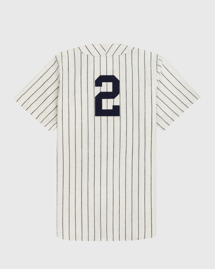 The Ebbets Field Yale University 1948 Authentic Wool Home Baseball Jersey is a white short-sleeve jersey with black pinstripes and a bold black number 2 on the back, inspired by the original 1948 baseball flannel design.