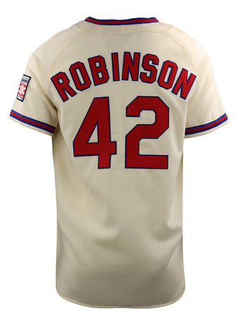 The EFF Jackie Robinson Hall of Fame Jersey is cream-colored with red and blue trim, ROBINSON and 42 in large red letters on the back, and a commemorative sleeve patch.