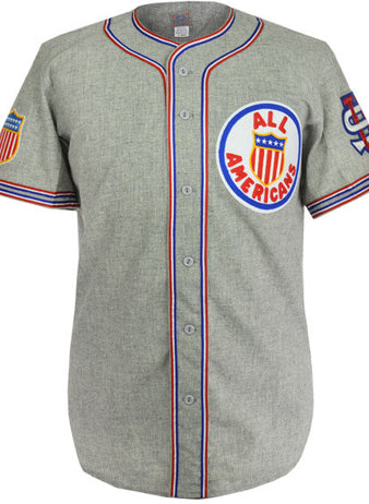 The EFF U.S. Tour Of Japan 1934 Road Jersey is a gray authentic baseball jersey with red, blue, and white trim, featuring a round All Americans patch on the left chest, a flag patch on the right sleeve, and 53 patch on the left.