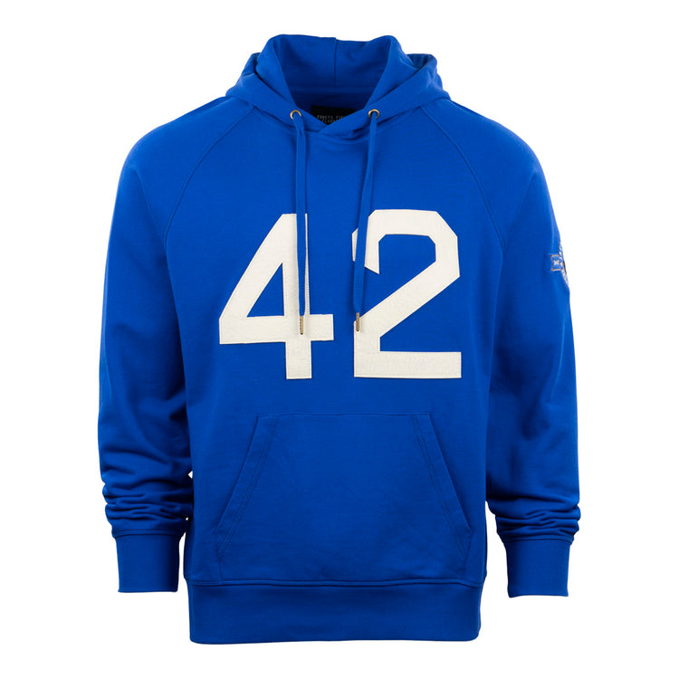 Celebrate a baseball legend in the EFF Jackie Robinson French Terry Script Hooded Sweatshirt—royal blue, soft fabric, front pocket, drawstrings, and bold white 42—perfect for the 75th anniversary.