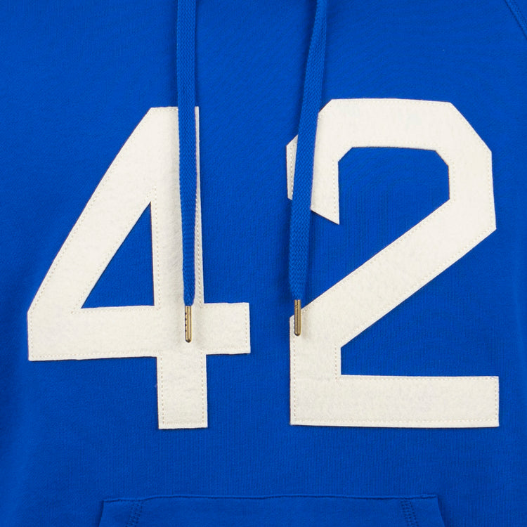 Close-up of the EFF Jackie Robinson French Terry Script Hooded Sweatshirt in royal blue, featuring bold white 42 on the front and metal-tipped blue drawstrings, crafted from soft French terry.