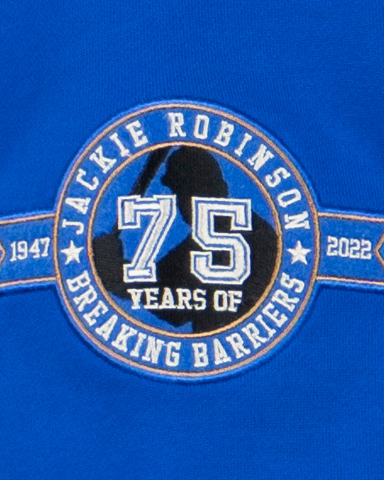 Celebrate 75 years with the blue EFF Jackie Robinson French Terry Script Hooded Sweatshirt—features a Jackie Robinson Breaking Barriers 1947-2022 patch with baseball player silhouette. Perfect for honoring a legend.