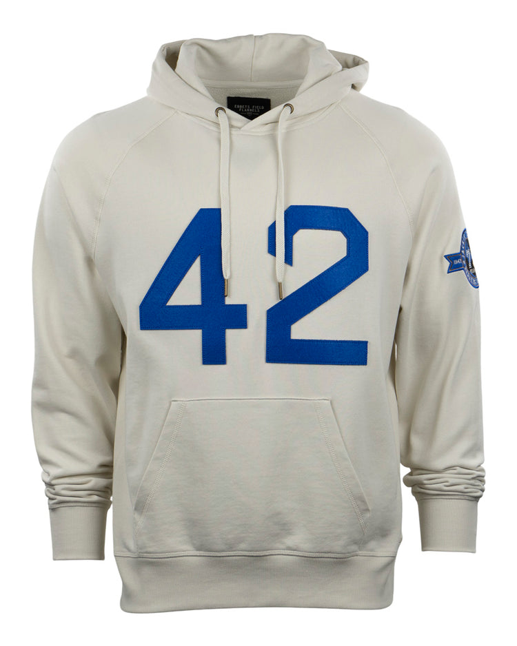 The EFF Jackie Robinson French Terry Script Hooded Sweatshirt in natural features a bold blue 42 on the front, blue star patch on the left sleeve, front pocket, and drawstrings—perfect for honoring Jackie Robinson’s legacy.