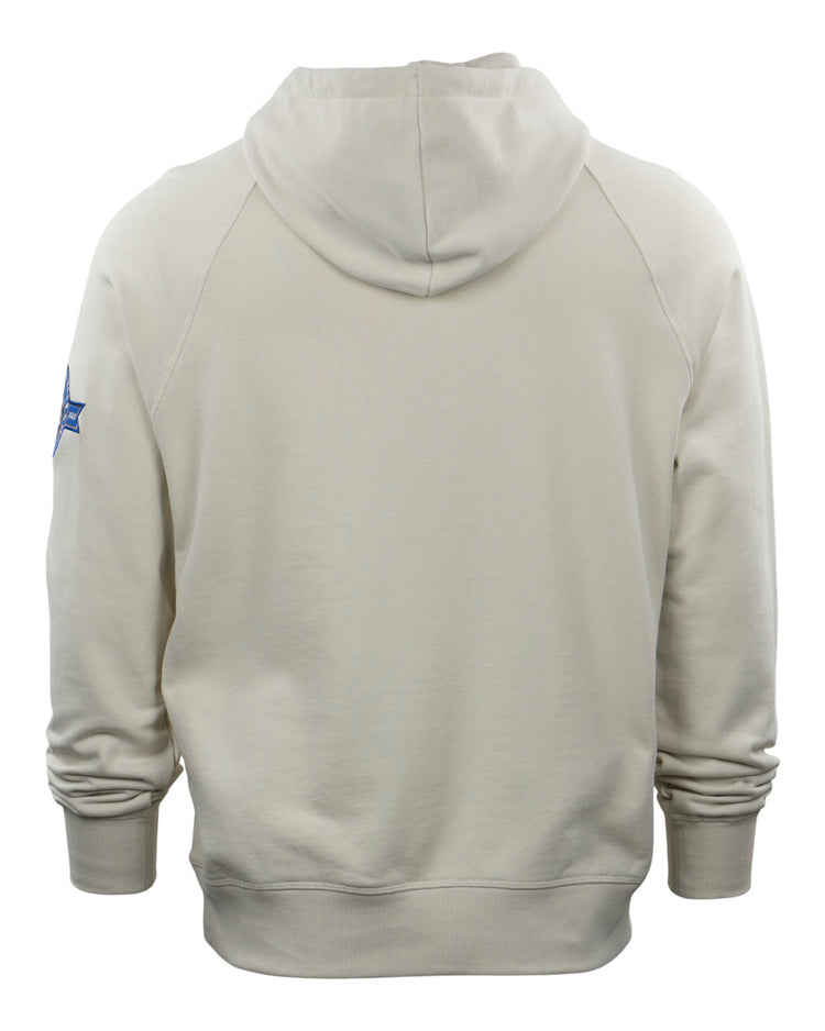 The EFF Jackie Robinson French Terry Script Hooded Sweatshirt in natural features long sleeves, a relaxed fit, a small blue patch on the left arm, and a plain back for timeless style.