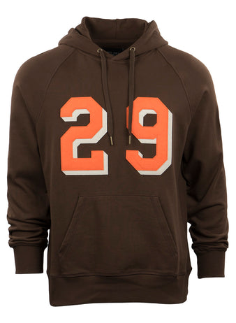 The EFF Satchel Paige French Terry Script Hooded Sweatshirt is a brown hoodie with a front pocket and hood, featuring bold orange and white 29 on the chest—celebrating Paiges iconic journey to the major leagues.