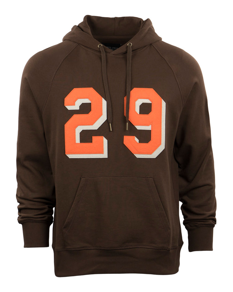 The EFF Satchel Paige French Terry Script Hooded Sweatshirt is a brown hoodie with a front pocket and hood, featuring bold orange and white 29 on the chest—celebrating Paiges iconic journey to the major leagues.