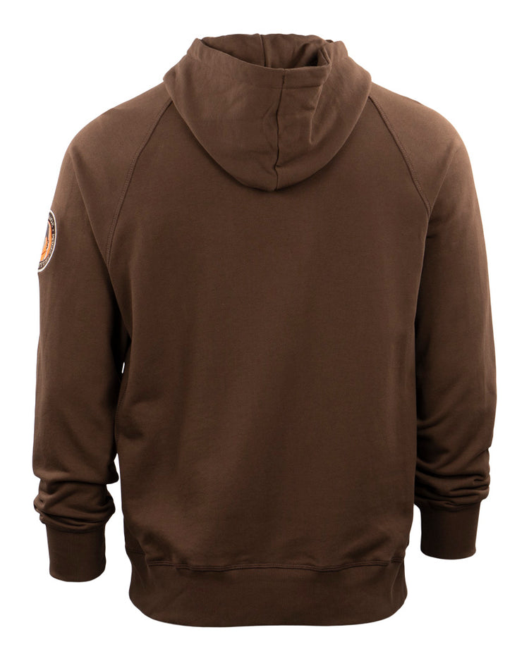 The EFF Satchel Paige French Terry Script Hooded Sweatshirt is a brown, relaxed-fit hoodie with long sleeves, ribbed cuffs and hem, a back view, and an upper left arm patch honoring Satchel Paige’s Negro Leagues legacy.
