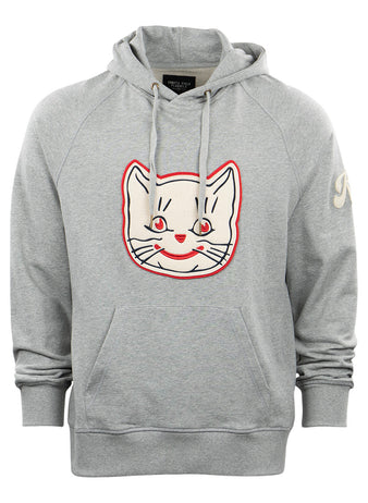 The EFF Kansas City Katz French Terry Script Hooded Sweatshirt in gray features a large cartoon cat face with red accents and a kangaroo pocket—ideal for fans of Kansas City or those nostalgic for Katz Drugstore.