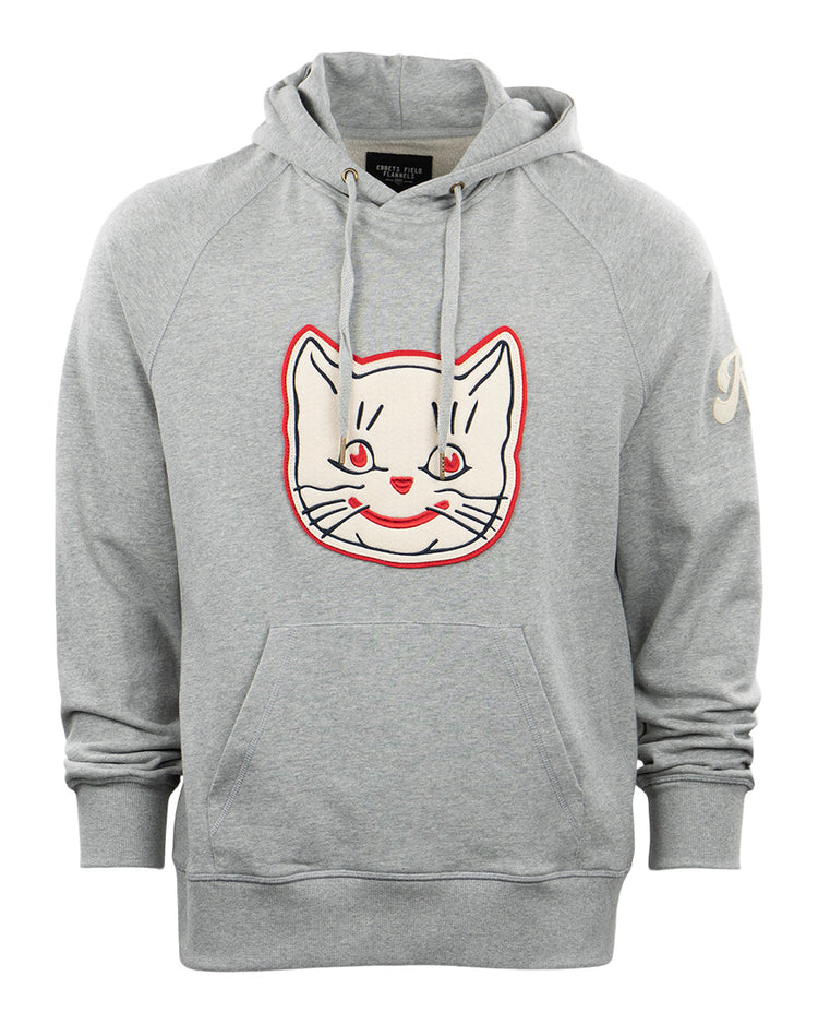 The EFF Kansas City Katz French Terry Script Hooded Sweatshirt in gray features a large cartoon cat face with red accents and a kangaroo pocket—ideal for fans of Kansas City or those nostalgic for Katz Drugstore.