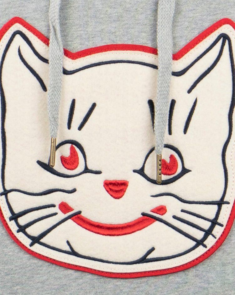The EFF Kansas City Katz French Terry Script Hooded Sweatshirt in gray features a red-outlined, embroidered cartoon cat face patch and two gray drawstrings.