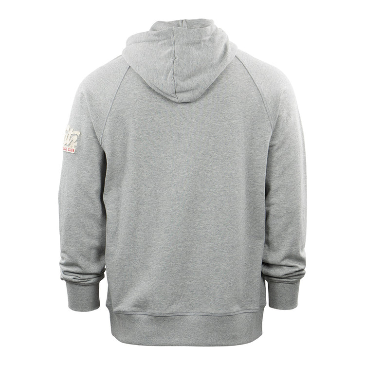 The EFF Kansas City Katz French Terry Script Hooded Sweatshirt in gray features long sleeves and a small Katz Drugstore graphic on the right sleeve near the shoulder, celebrating Kansas Citys history.