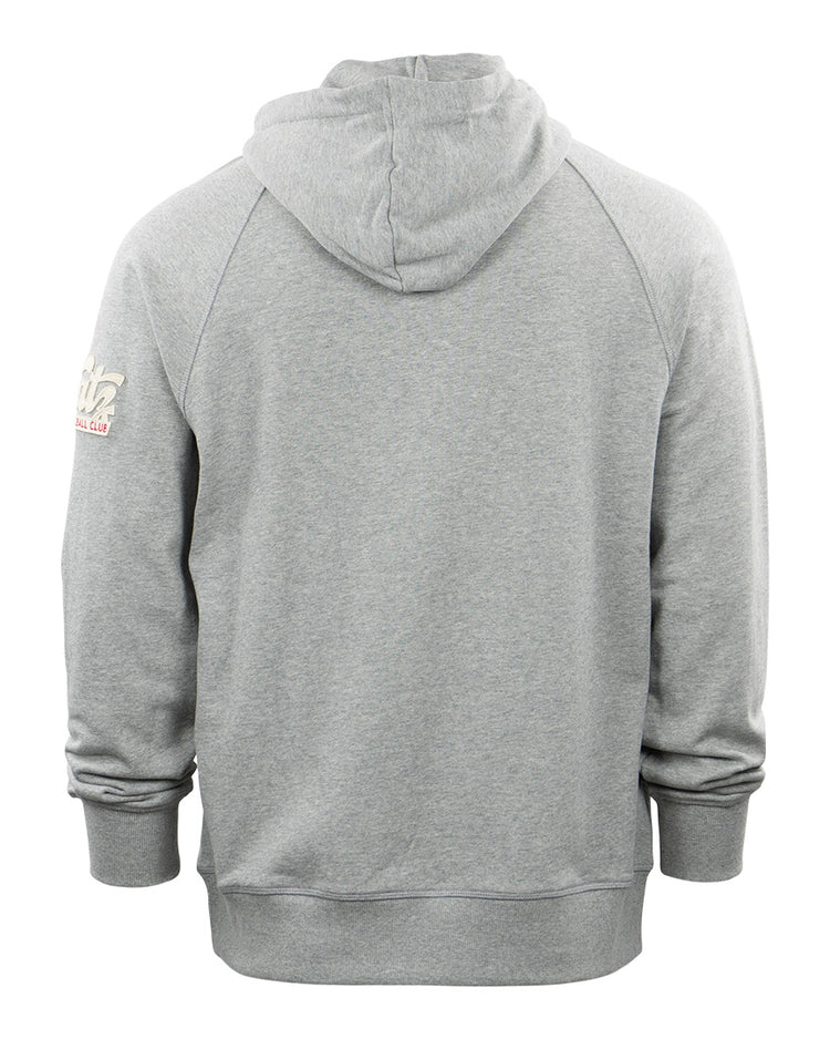 The EFF Kansas City Katz French Terry Script Hooded Sweatshirt in gray features long sleeves and a small Katz Drugstore graphic on the right sleeve near the shoulder, celebrating Kansas Citys history.