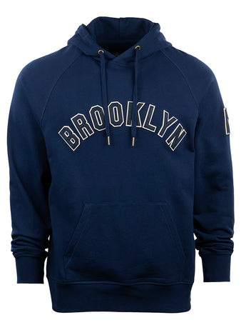 The EFF Brooklyn Eagles French Terry Script Hooded Sweatshirt features a navy blue color, front pocket, drawstrings, and BROOKLYN EAGLES in white arched lettering—a tribute to Brooklyn’s baseball legacy.
