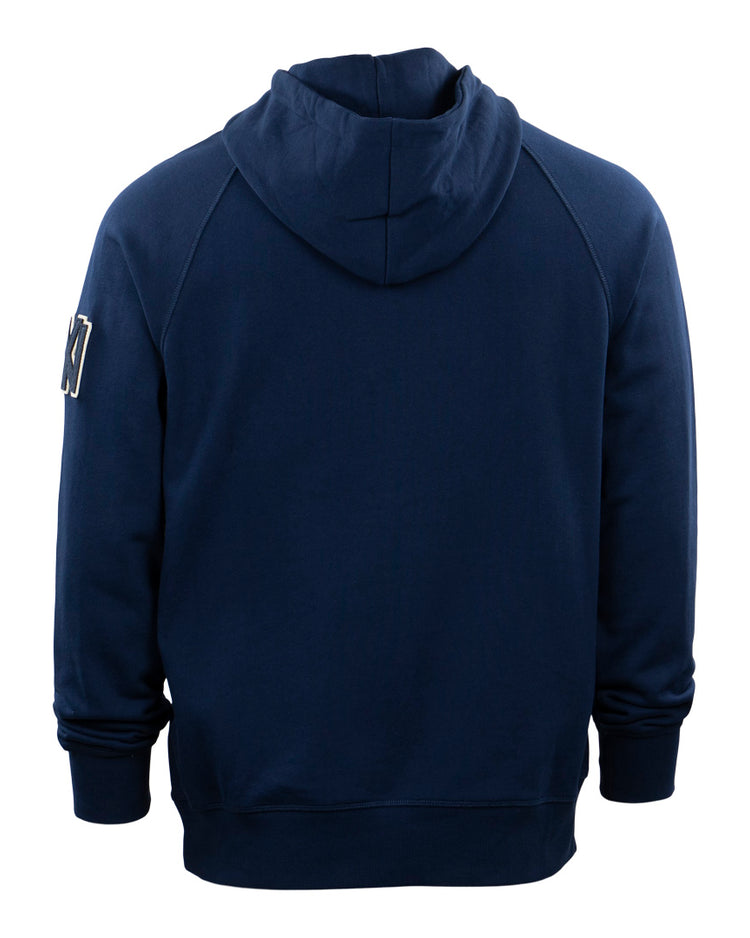 The EFF Brooklyn Eagles French Terry Script Hooded Sweatshirt, shown in navy blue, features a hood, long sleeves with ribbed cuffs, and a small Brooklyn Eagles patch on the upper left sleeve.