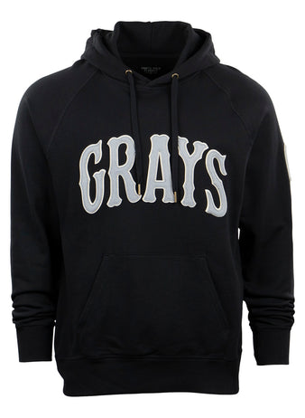 The EFF Homestead Grays French Terry Script Hooded Sweatshirt in black features a front pocket and bold white GRAYS across the chest, honoring Pittsburgh’s legendary Negro League team.