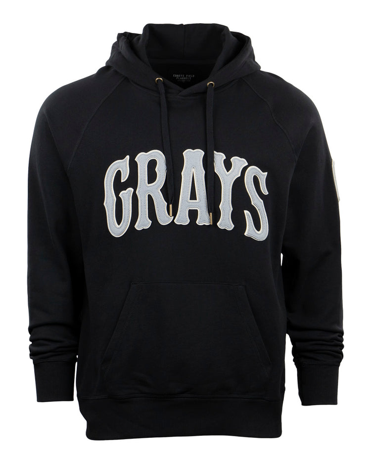The EFF Homestead Grays French Terry Script Hooded Sweatshirt in black features a front pocket and bold white GRAYS across the chest, honoring Pittsburgh’s legendary Negro League team.
