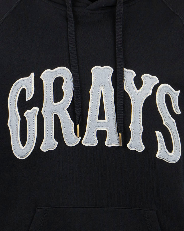 The Homestead Grays French Terry Script Hooded Sweatshirt by EFF features “GRAYS” in large, light gray letters outlined in white—a tribute to the legendary Negro League team and their Pittsburgh heritage.