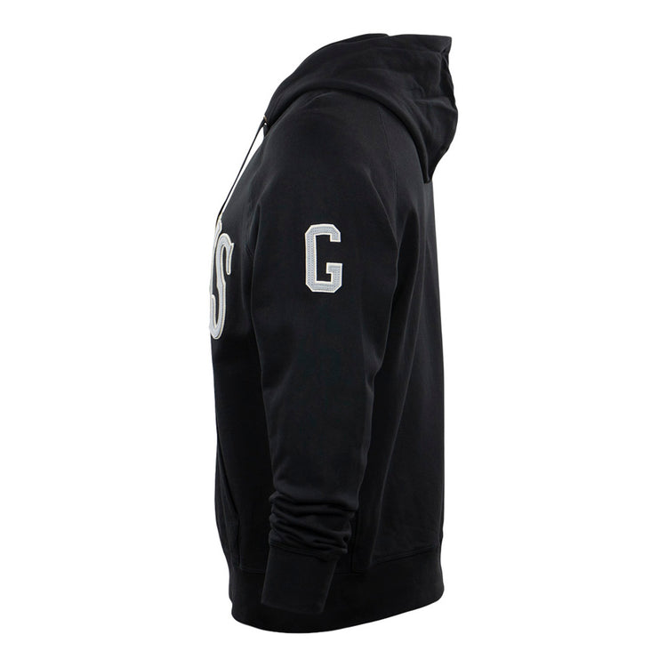 The EFF Homestead Grays French Terry Script Hooded Sweatshirt in black features a side view, bold white script on the chest, a large “G” on the sleeve honoring Pittsburgh’s Negro League, with a zip front and ribbed cuffs.