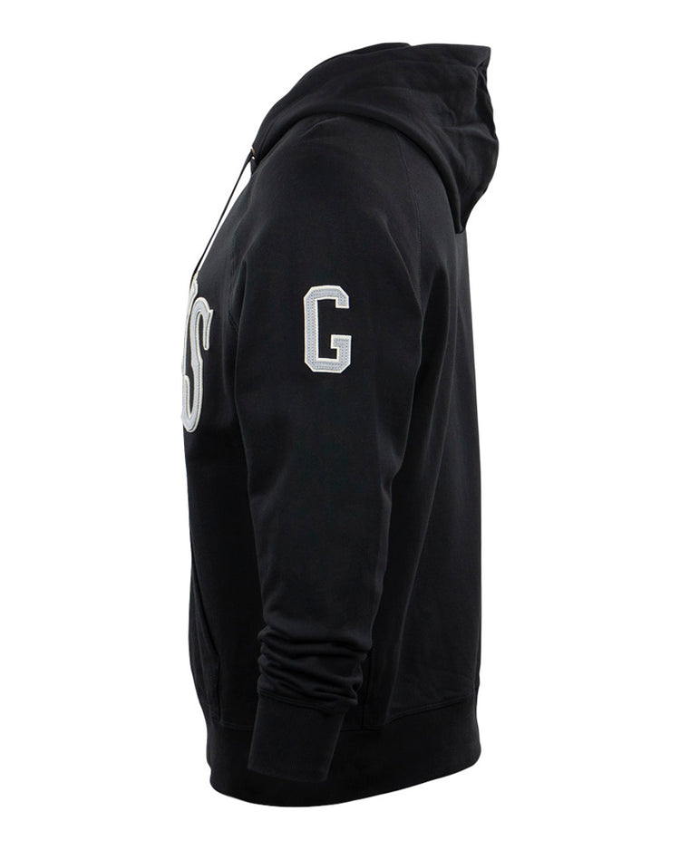 The EFF Homestead Grays French Terry Script Hooded Sweatshirt in black features a side view, bold white script on the chest, a large “G” on the sleeve honoring Pittsburgh’s Negro League, with a zip front and ribbed cuffs.