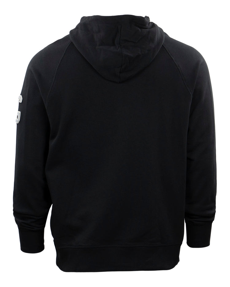 The EFF Homestead Grays French Terry Script Hooded Sweatshirt in black features a relaxed fit, long sleeves, and tribute patches on the left sleeve honoring Pittsburghs legendary Negro League team.