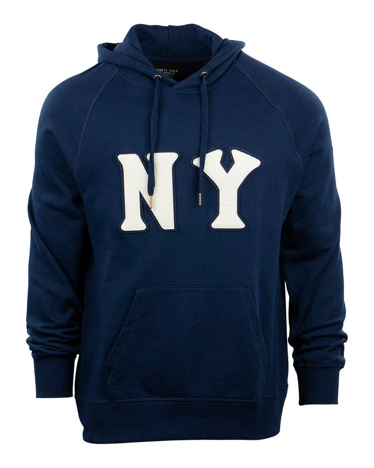 The EFF New York Black Yankees French Terry Script Hooded Sweatshirt in navy features large white NY script, a front pouch pocket, and a drawstring hood, inspired by the Negro National League team.