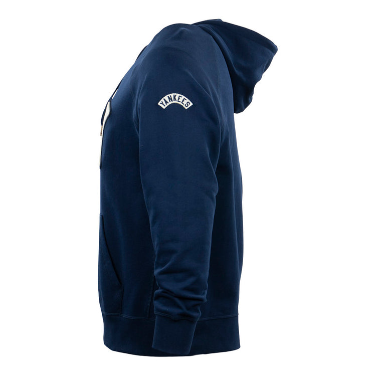 The EFF New York Black Yankees French Terry Script Hooded Sweatshirt in navy is shown from the side, featuring a “Yankees” patch on the sleeve and front pocket, honoring the Negro National League team against a plain white background.
