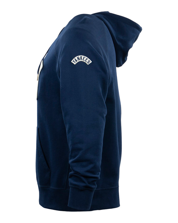 The EFF New York Black Yankees French Terry Script Hooded Sweatshirt in navy is shown from the side, featuring a “Yankees” patch on the sleeve and front pocket, honoring the Negro National League team against a plain white background.