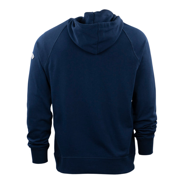 The EFF New York Black Yankees French Terry Script Hooded Sweatshirt in navy is shown from the back, featuring long sleeves, ribbed cuffs, and a small white logo on the upper left sleeve against a white background.