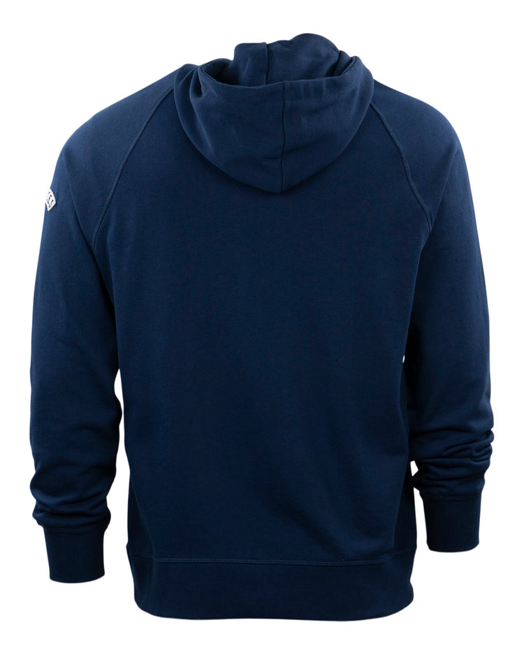 The EFF New York Black Yankees French Terry Script Hooded Sweatshirt in navy is shown from the back, featuring long sleeves, ribbed cuffs, and a small white logo on the upper left sleeve against a white background.