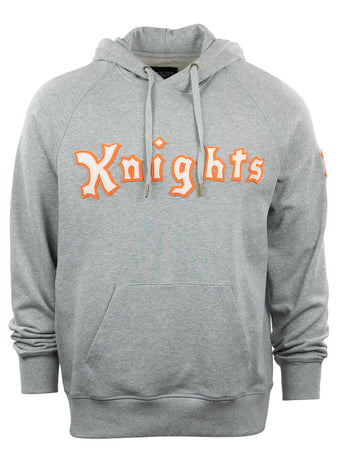 The EFF New York Knights French Terry Script Hooded Sweatshirt is a gray hoodie with a front pocket and drawstrings, featuring Knights in orange and white script—a tribute to Roy Hobbs and Wonderboy from The Natural.
