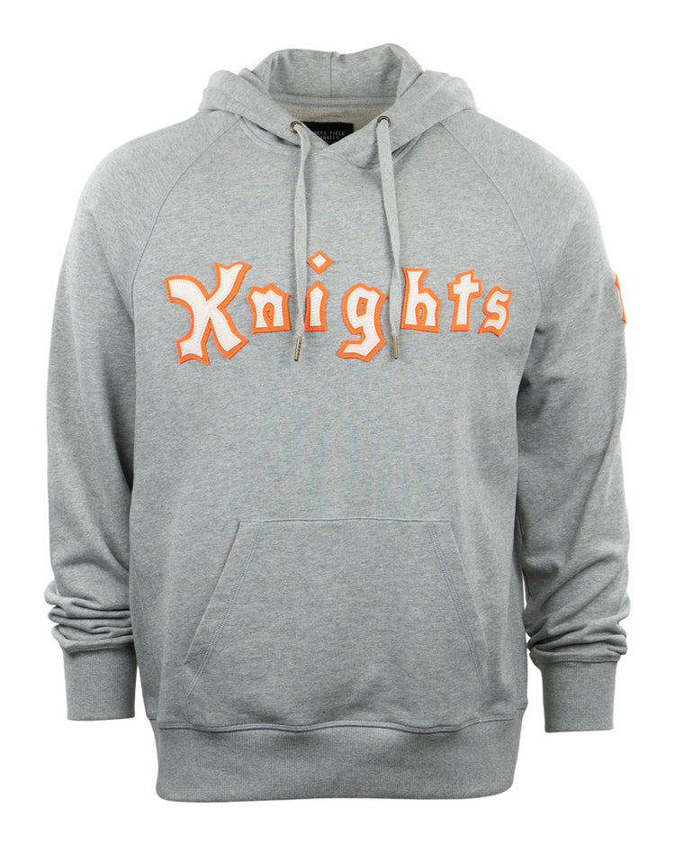 The EFF New York Knights French Terry Script Hooded Sweatshirt is a gray hoodie with a front pocket and drawstrings, featuring Knights in orange and white script—a tribute to Roy Hobbs and Wonderboy from The Natural.